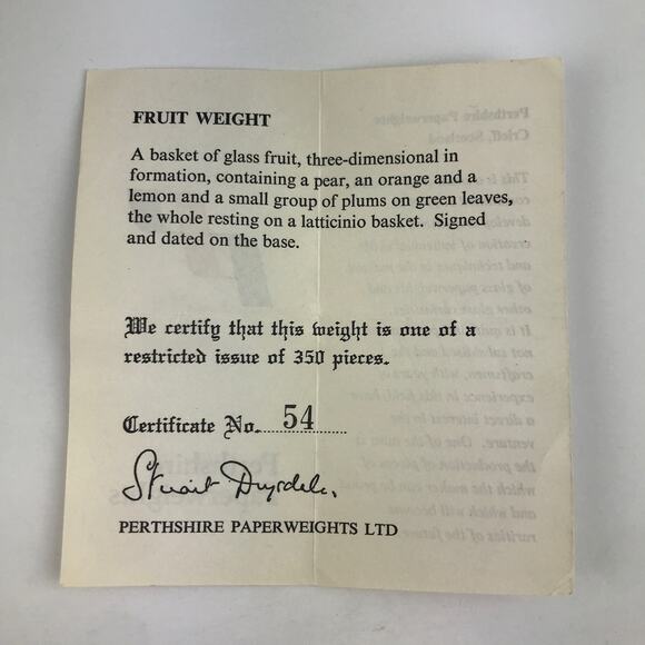 Perthshire 1980D Fruit 3D Pear Orange Lemon Plums Latticinio Paperweight Cert - Picture 12 of 16